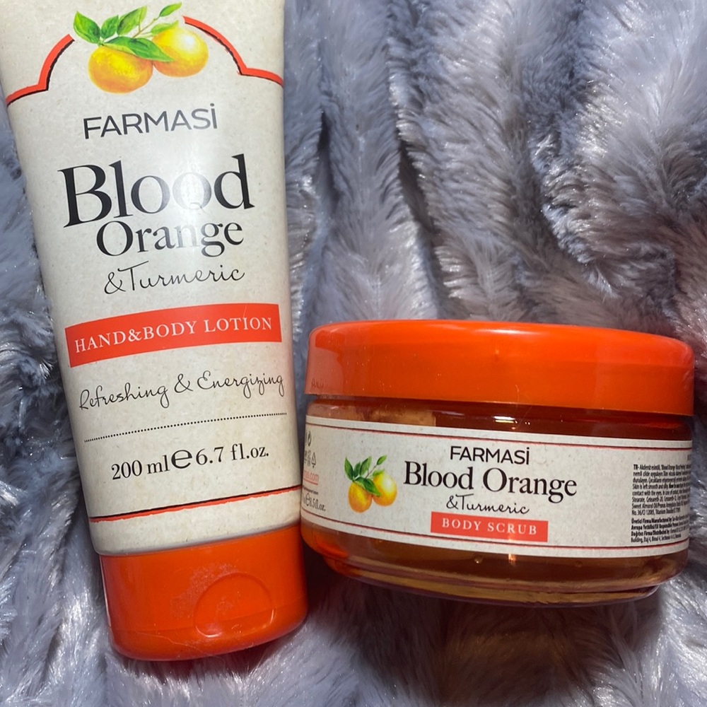 Farmasi Blood orange lotion and scrub.